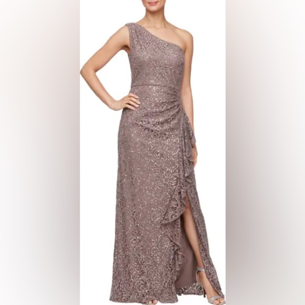 Alex Evenings One Shoulder Sequin Lace Sleeveless Gown Dress Size 10 Taupe NWOT